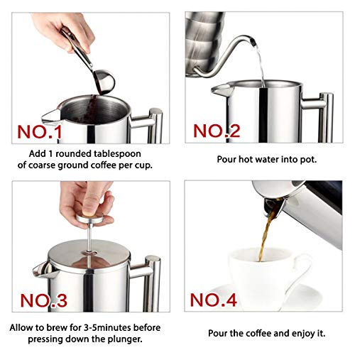  French Press Coffee Maker Stainless Steel Double Wall Insulated Large Capacity 1 Liter 1000ml 34oz 8Cup And Dishwasher Safe Metal Coffee-Press For Camping Travel Silver