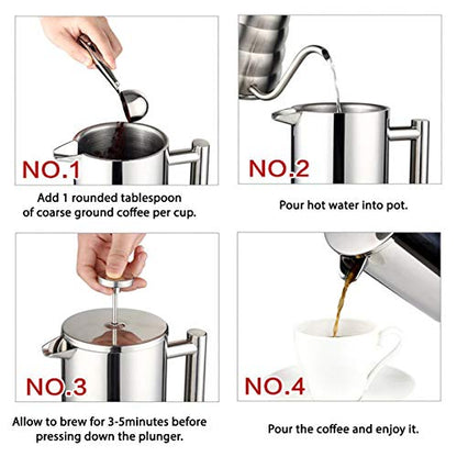  French Press Coffee Maker Stainless Steel Double Wall Insulated Large Capacity 1 Liter 1000ml 34oz 8Cup And Dishwasher Safe Metal Coffee-Press For Camping Travel Silver