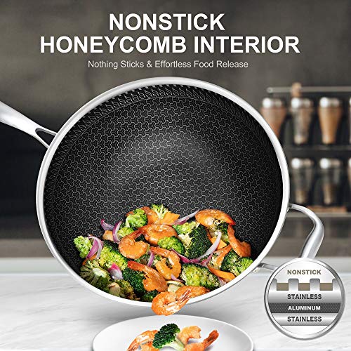  Wok Pan With Lid, 12.5 Inch Stainless Steel Woks & Stir-fry Pans With Stay Cool Handle, Flat Bottom Wok With Vertical Lid, Induction Wok, Dishwasher And Oven Safe