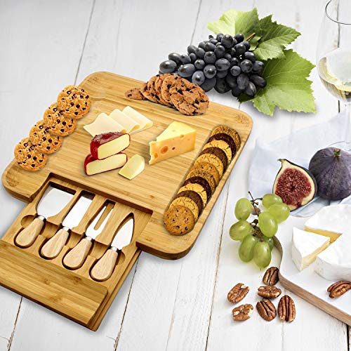  Bamboo Cheese Board Set Cheese Plate 13'' X 13'' With Integrated Slide-Out Drawer And 4 Specialist Cheese Knives Set