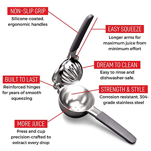  Emon Squeezer Stainless Steel Press - Ergonomic, Manual Non-Slip Grip Design - Effortless Pro-Grade Lemon, Lime, Orange, And Citrus Fruit Hand Held Juicer - Fewer Seeds, More Juice