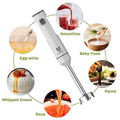  Cordless Hand Blender, UTALENT Variable Speed Immersion Blender Handheld Rechargeable, With Fast Charger, Egg Whisk, For Smoothies, Milkshakes, Hummus And Soups – White