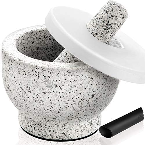  Mortar And Pestle Set 2-Cup Capacity Molcajete Bowl, Incl. Silicone Lid, Garlic Peeler, Stick-on Anti-Slip Pad For Base, Unpolished Granite Mortar And Pestle Spice Grinder 5.5 Inch