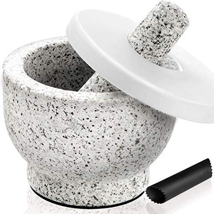  Mortar And Pestle Set 2-Cup Capacity Molcajete Bowl, Incl. Silicone Lid, Garlic Peeler, Stick-on Anti-Slip Pad For Base, Unpolished Granite Mortar And Pestle Spice Grinder 5.5 Inch