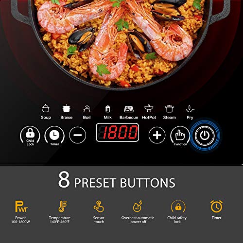  120V 1800W Electric Portable Induction Cooktop With 8 Preset Buttons, Sensor Touch Countertop Burner With 180-Min Countdown Timer And 0-24H Timing Start, 140-460℉ Temperature Adjustable