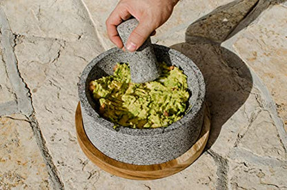  Lava Stone Mortar And Pestle/Molcajete"Chilmamolli" With Wooden Base, Elegant Design, Mexican Molcajete For Guacamole And Sauces (8 Inches)
