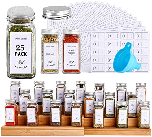  25 Pcs Glass Spice Jars With 400 Spice Labels, 4oz Empty Square Spice Containers With 25 Shaker Lids, Seasoning Containers Bottles For Spice Rack, Cabinet, Drawer