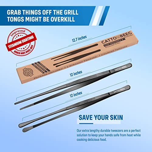  Long Tweezers 12 Inch – Cooking Tweezers Black Stainless Steel Kitchen Tweezers Tongs For Cooking, BBQ Cooking Tongs, Pet Feeding, Repairing, Arts And Crafts - Pack Of 2