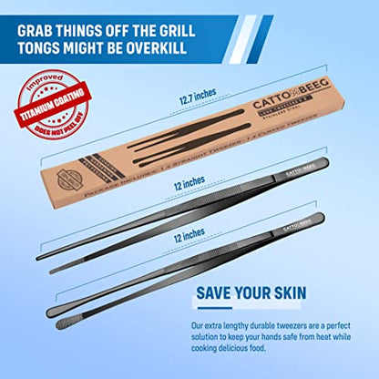  Long Tweezers 12 Inch – Cooking Tweezers Black Stainless Steel Kitchen Tweezers Tongs For Cooking, BBQ Cooking Tongs, Pet Feeding, Repairing, Arts And Crafts - Pack Of 2