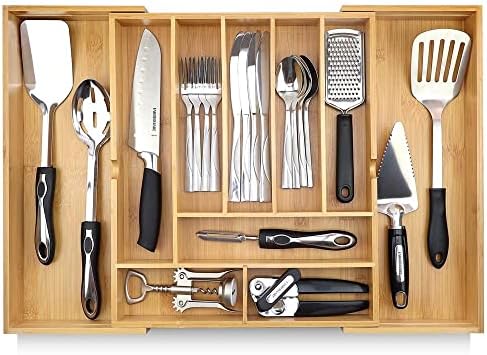  Silverware Organizer - Expandable Kitchen Drawer Organizer - Adjustable Kitchen Drawer Organizer For Utensils, Expandable To 25 Inches Wide, 10 Compartments, Silverware Tray For Drawer