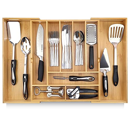  Silverware Organizer - Expandable Kitchen Drawer Organizer - Adjustable Kitchen Drawer Organizer For Utensils, Expandable To 25 Inches Wide, 10 Compartments, Silverware Tray For Drawer