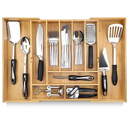  Silverware Organizer - Expandable Kitchen Drawer Organizer - Adjustable Kitchen Drawer Organizer For Utensils, Expandable To 25 Inches Wide, 10 Compartments, Silverware Tray For Drawer