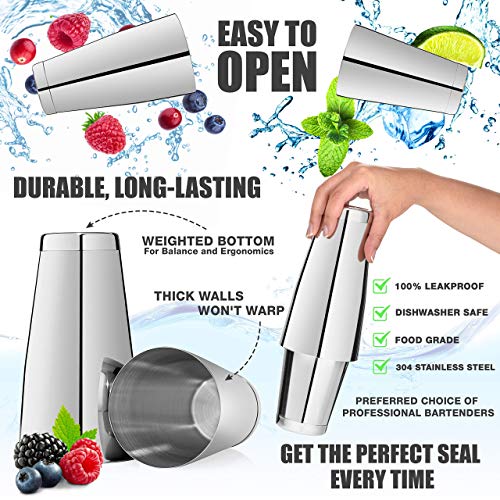  16-piece Pro Cocktail Set With Weighted Boston Shaker. Dishwasher Safe. Includes Stainless Steel Full-Service Bar Tools With Easy-Open Drink Shaker, Recipe Guide & Carry Bag