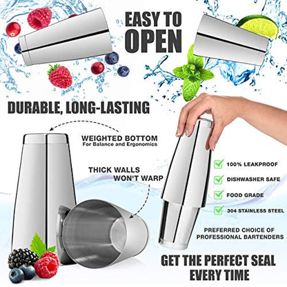  16-piece Pro Cocktail Set With Weighted Boston Shaker. Dishwasher Safe. Includes Stainless Steel Full-Service Bar Tools With Easy-Open Drink Shaker, Recipe Guide & Carry Bag