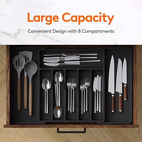  Silverware Drawer Organizer, Expandable Utensil Tray For Kitchen, Adjustable Flatware And Cutlery Holder, Compact Plastic Storage For Spoons Forks Knives, Large, Black