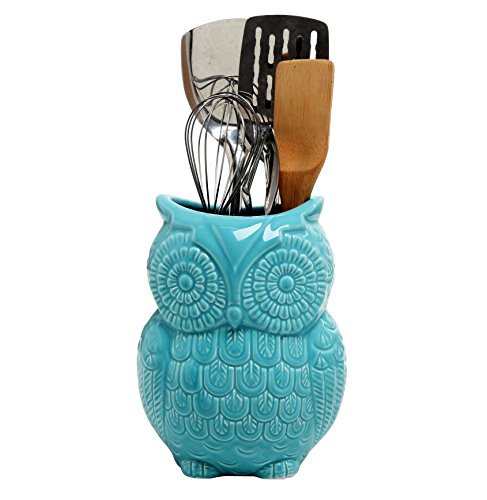  Aqua Blue Owl Shaped Ceramic Kitchen Crock Utensil Holder, 8 Inch Multipurpose Storage Jar Vase Canister, Art Brush Holder