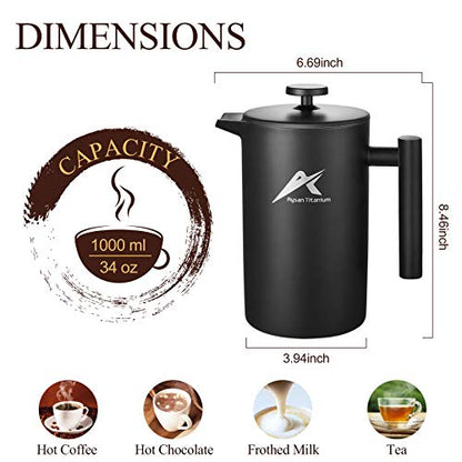  French Press Coffee Maker, 34 Oz, Stainless Steel Double-wall Insulated, With 2 Espresso Cups, Rust-Free, Dishwasher Safe, Black