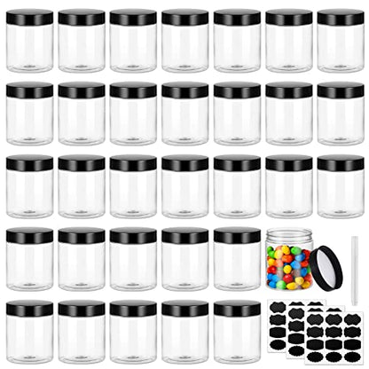  8OZ 32PCS Plastic Jars With Lids Empty Slime Cosmetics Containers Clear Gift Food Jars Round PET Cream Jars With Black Lids Pen Labels For Kitchen Storage Spices Dry Food Body Butter Slime Making