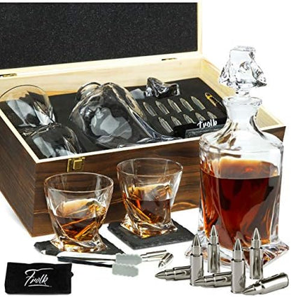  Whiskey Decanter And Stones Gift Set For Men - Whiskey Decanter, 2 Twisted Whiskey Glasses, 10 Stainless Steel Whisky Bullets, 2 Slate Coasters, Special Tongs & Freezer Pouch In Pinewood Gift Box