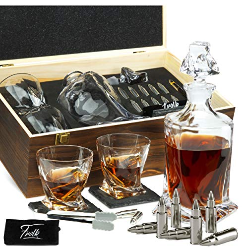  Whiskey Decanter And Stones Gift Set For Men - Whiskey Decanter, 2 Twisted Whiskey Glasses, 10 Stainless Steel Whisky Bullets, 2 Slate Coasters, Special Tongs & Freezer Pouch In Pinewood Gift Box