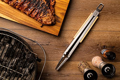  16" BBQ Grill Tongs – Kitchen & Extra Long Grilling Tongs, Stainless Steel With Durable Oak Handles, Metal Tongs For Cooking, Barbecue Tongs, Ergonomic Design