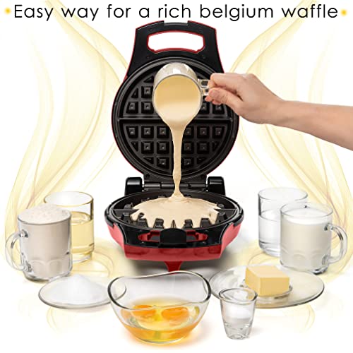  Belgian Waffle Maker, Electric Waffle Machine, Flips & Non-Stick Grids,Temperature Control, Round Waffle (Red)