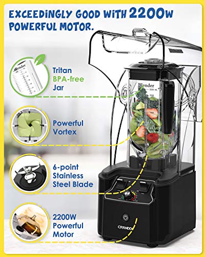  Commercial Quiet Blender, 2200 Watt Professional Countertop Blender With BPA-FREE 80oz Pitcher, Built-in Pulse & 15-speeds Control, Smoothie Blender For Commercial And Home 110V (Black)