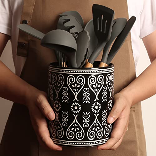 Ceramic Utensil Holder For Kitchen Counter - Large Black Utensil Crock For Countertop Organization - Modern Farmhouse Decor Kitchen Accessories - Dishwasher Safe