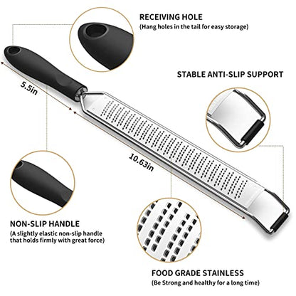  Lemon Zester & Cheese Grater – A Sharp Kitchen Tool For Parmesan, Ginger, Garlic, Nutmeg, Chocolate, Vegetables, Fruits - Stainless Steel, Black