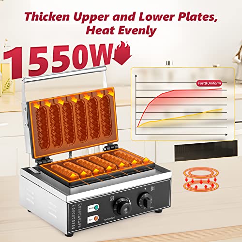  Commercial Waffle Corn Dog Maker, 0-300℃ Non-Stick Waffle Stick Maker Hot Dog Presser Maker With Removable Tray(6 PCS, Recipe Included), 110V