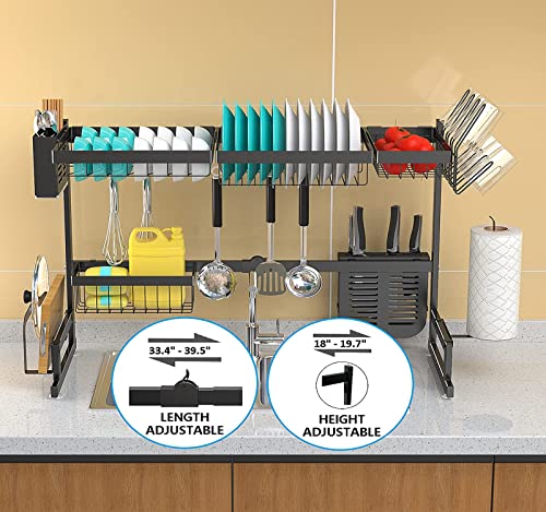  Upgrade Over The Sink Dish Drying Rack Adjustable (33.5"-40"), Stainless Steel Length Expandable Kitchen Drainer, 2 Tier Countertop Organizer Supplies Storage Shelf Display Utensil Hooks Space Saver