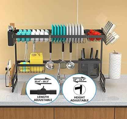  Upgrade Over The Sink Dish Drying Rack Adjustable (33.5"-40"), Stainless Steel Length Expandable Kitchen Drainer, 2 Tier Countertop Organizer Supplies Storage Shelf Display Utensil Hooks Space Saver