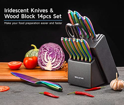 Rainbow Knife Set 14 Pieces, Iridescent German Stainless Steel Kitchen Knives Set With Wooden Block, Colorful Titanium Coating, Chef’s Knife Block Set With Scissors And Built-in Sharpener