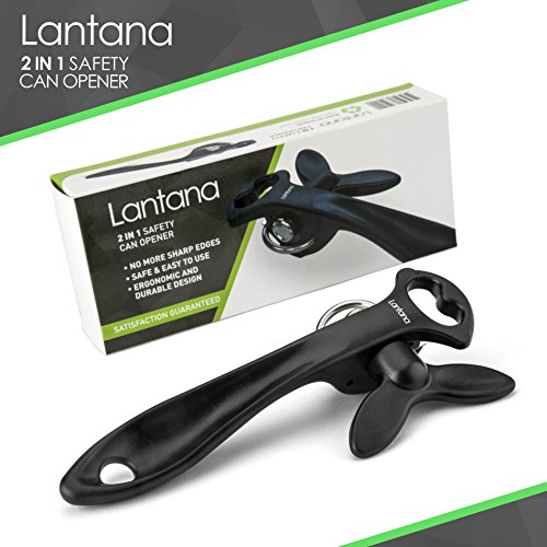  2 In 1 Safety Manual Can Opener (Smooth Edge) & Bottle Opener - Black/Stainless Steel