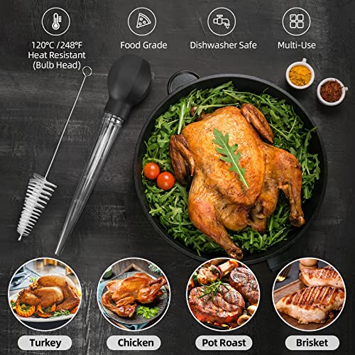  Large Turkey Baster With Cleaning Brush - Premium Baster Tool For Cooking - Easy To Use And Clean - Powerful Bulb Baster Syringe - Dishwasher Safe - Flavor Meat Poultry, Beef, Chicken(Black)