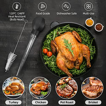  Large Turkey Baster With Cleaning Brush - Premium Baster Tool For Cooking - Easy To Use And Clean - Powerful Bulb Baster Syringe - Dishwasher Safe - Flavor Meat Poultry, Beef, Chicken(Black)