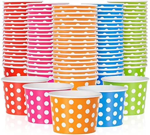  Paper Ice Cream Cups - 50-Count 4-Oz Disposable Dessert Bowls For Hot Or Cold Food, 4-Ounce Party Supplies Treat Cups For Sundae, Frozen Yogurt, Soup, 5 Colors, Polka Dots