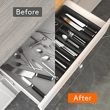  Silverware Drawer Organizer, Expandable Utensil Tray For Kitchen, Adjustable Flatware And Cutlery Holder, Compact Plastic Storage For Spoons Forks Knives, Large, Black