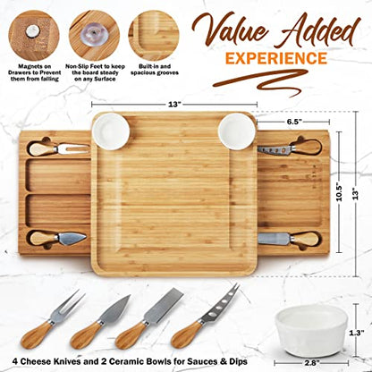  Large Charcuterie Board Set With 4x Cheese Knives, 2x Ceramic Bowls - 13x 13 Inch Bamboo Charcuterie Boards - Magnet Drawers - Bachelor Party Gift, Anniversary, Wedding Gifts For Couples - Wine It Now