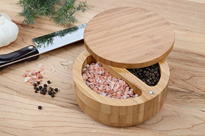  2-in-1 Round Bamboo Container, Divided Spice Holder, Salt And Pepper Wooden Box With Magnetic Lock