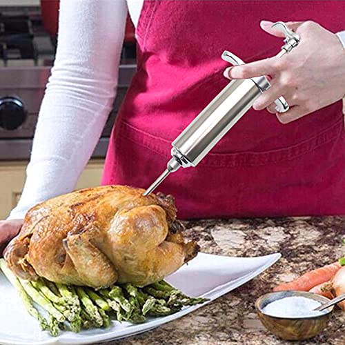 Meat Injector Syringe,Stainless Steel Injector Gun Kit With Case,2-Oz Marinade For Smoking,With 3 Professional Needles 2 Cleaning Brushes And 4 Silicone O-Rings,1Cleaning Silicone Brush (silver)