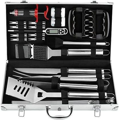  26PC Exclusive BBQ Grill Accessories In Aluminum Case For Birthday Christmas Grilling Gifts - Premium Grill Utensils Set With Barbecue Claws, Meat Injector, Thermometer For Smoker, Camping