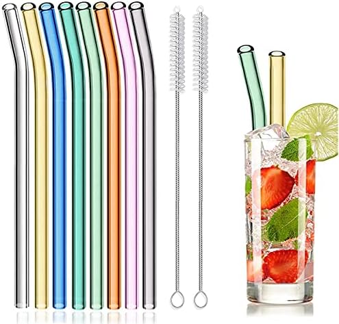 8 Pcs Reusable Glass Straws, 8"x8mm Eco-friendly Drinking Straws For Smoothie, Milkshakes, Tea, Juice, Cocktail Straws, Multi-Color Mixed (8Pcs Bent)