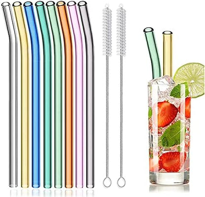  8 Pcs Reusable Glass Straws, 8"x8mm Eco-friendly Drinking Straws For Smoothie, Milkshakes, Tea, Juice, Cocktail Straws, Multi-Color Mixed (8Pcs Bent)