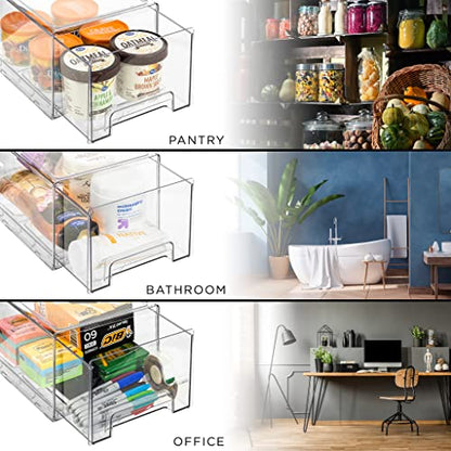  Fridge Drawers - Clear Stackable Pull Out Refrigerator Organizer Bins - Food Storage Containers For Kitchen, Refrigerator, Freezer, Vanity & Fridge Organization And Storage (2 Pack | Large)