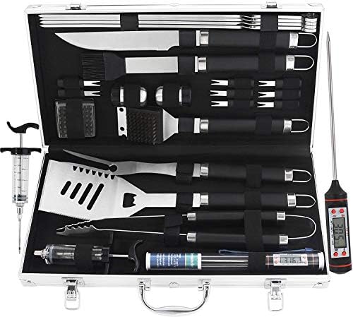  Grilljoy 24PCS BBQ Grill Tools Set With Meat Thermometer And Injector - Extra Thick Stainless Steel Fork, Spatula& Tongs - Complete BBQ Accessories In Aluminum Case - Perfect Grill Gifts For Men