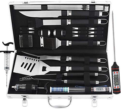  Grilljoy 24PCS BBQ Grill Tools Set With Meat Thermometer And Injector - Extra Thick Stainless Steel Fork, Spatula& Tongs - Complete BBQ Accessories In Aluminum Case - Perfect Grill Gifts For Men