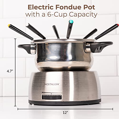  Nostalgia 6-Cup Stainless Steel Electric Fondue Pot Set With Temperature Control, 6 Color-Coded Forks, And Removable Pot - Fondue Pot For Chocolate, Candy Melts, Caramel, Cheese, Sauces, And More