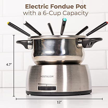  Nostalgia 6-Cup Stainless Steel Electric Fondue Pot Set With Temperature Control, 6 Color-Coded Forks, And Removable Pot - Fondue Pot For Chocolate, Candy Melts, Caramel, Cheese, Sauces, And More