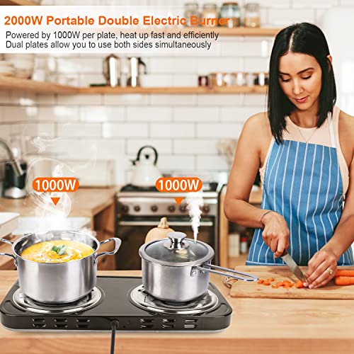  Hot Plate, 2000W Portable Electric Double Coil Burner With Dual Control & 5 Level Temperature Control, Easy To Clean, Lightweight Stainless Steel Countertop Stove For Kitchen Dorm Camping,110V